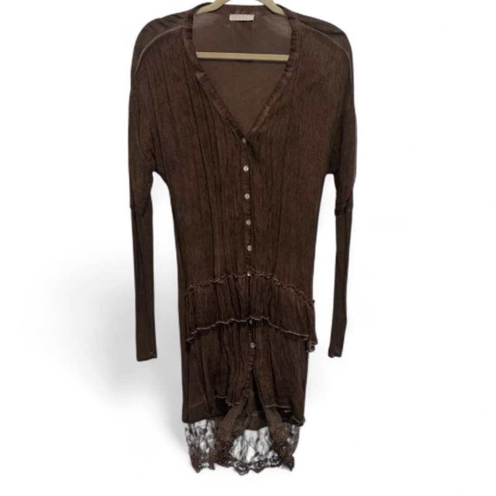 Saga Brown Lace Hem Long Sleeve Button Down Mini Dress